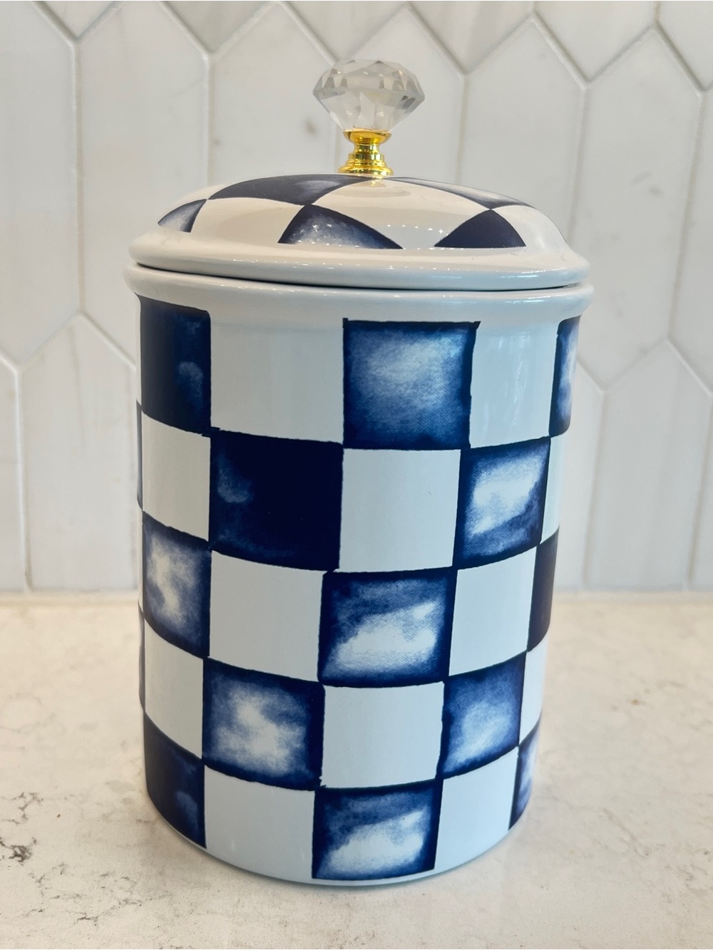 Blue Checker Ceramic Canister with Crystal Knob